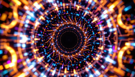 Discover an abstract digital tunnel featuring vibrant light trails and glowing particles set in a mesmerizing circular design, perfect for tech-themed projects.の素材