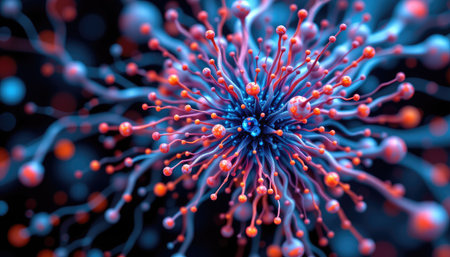 This stunning abstract image showcases a colorful representation of cellular structures with delicate tendrils and vivid spheres, perfect for science and art projects.の素材