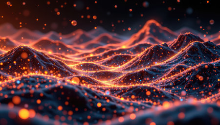 This stunning digital artwork depicts an abstract landscape featuring glowing hills and shimmering sparkles, creating a captivating cosmic atmosphere.の素材