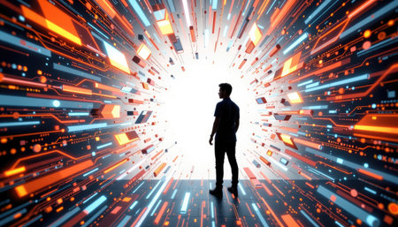 A person stands in a striking silhouette against a backdrop of colorful digital streams, representing innovation, exploration, and futuristic possibilities.の素材