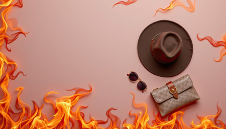 This captivating image features a stylish hat, sunglasses, and wallet surrounded by vibrant flames on a soft pink background, highlighting trendy accessories.の素材