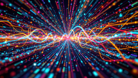 This captivating abstract image features vibrant light trails that flow dynamically, creating a sense of energy and movement. Perfect for technology themes.の素材