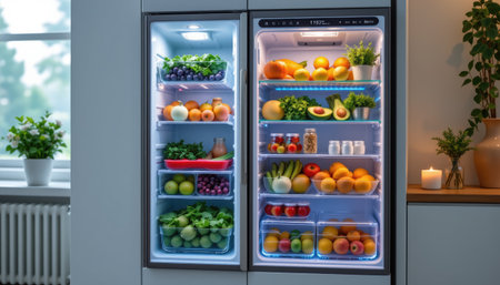 A modern refrigerator filled with an assortment of fresh fruits and vegetables, highlighting organized shelves. The vibrant colors and bright lighting create an inviting atmosphere, perfect for emphasizing a healthy lifestyle and meal preparation. The clear containers add to the aesthetic appeal, showcasing dietary choices and promoting wellness in everyday cooking.の素材