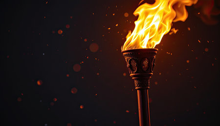 A mesmerizing image capturing a vibrant flame erupting from an ancient torch, set against a dark background. The glowing embers create a captivating ambiance, symbolizing passion and energy.の素材
