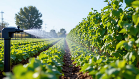 Lush green crops thrive under the warm sun in a rural field, with an irrigation system efficiently watering the plants to ensure healthy growth.の素材