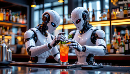 Two robots expertly mix colorful cocktails in a sleek bar, showcasing advanced technology and creativity in drink preparation amid a lively atmosphere.の素材
