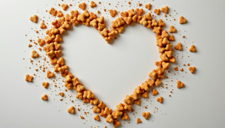 This image features a heart shape made from crunchy snack pieces arranged on a clean white background, symbolizing love and joy for various celebrations.の素材