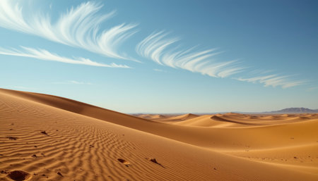 This stunning landscape captures the essence of tranquility, featuring vast golden sand dunes under a clear blue sky adorned with wispy clouds.の素材
