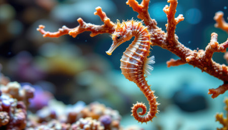 A stunning close-up of a seahorse gracefully swimming near vibrant coral, showcasing the beauty of marine life in its natural underwater habitat.の素材