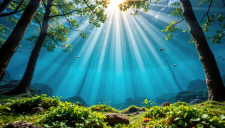 This stunning image captures ethereal sunlight piercing through a dense forest canopy, illuminating the underwater world. Vibrant greenery and tranquil waters create a picturesque scene.の素材