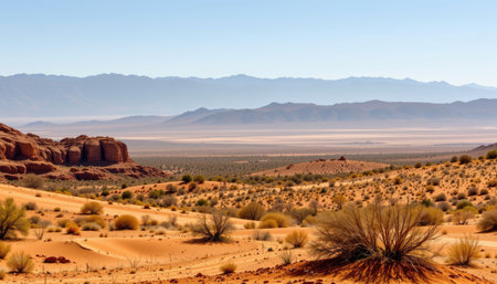 Breathtaking view of a vast desert landscape featuring distant mountains, clear blue sky, and soft sandy dunes, evoking feelings of peace and adventure.の素材