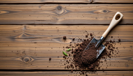 A close-up view of a gardening shovel resting on a wooden surface scattered with rich soil. The image captures the essence of gardening and planting, making it perfect for nature-themed projects.の素材