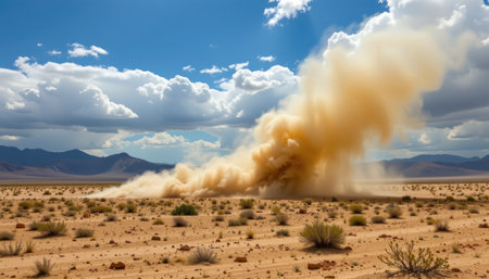A dramatic dust cloud rises from the arid ground in a desert landscape, framed by a vivid blue sky and fluffy white clouds. This captivating scene showcases the beauty and tranquility of nature in an expansive environment.の素材