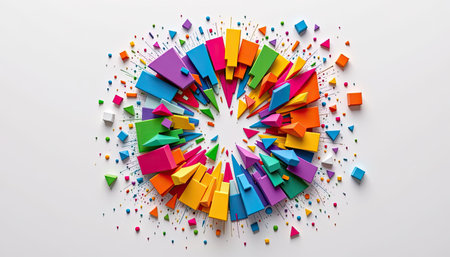A stunning visual representation of vibrant geometric shapes exploding in a colorful arrangement on a clean white background, evoking creativity and energy.の素材