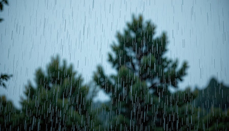 This image captures the beauty of a rainy day in a dense pine forest, showcasing flowing rain droplets amidst blurred trees and a tranquil atmosphere.の素材