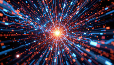 An abstract artwork depicting a vibrant burst of light and color, symbolizing energy flow and digital data transfer in a dynamic space environment.の素材