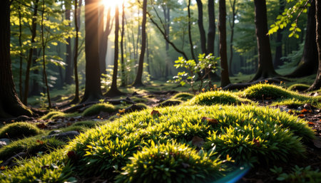 A serene forest scene featuring lush green moss covering the ground, illuminated by soft sunlight beams filtering through tall trees. Ideal for nature enthusiasts.の素材
