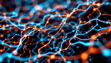 This captivating abstract image showcases a digital network of glowing orange and blue lines interwoven across a dark background, symbolizing technology and connectivity.の素材