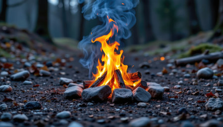 A serene campfire burns brightly among stones in a quiet forest, casting a warm glow and wispy smoke into the cool evening air.の素材