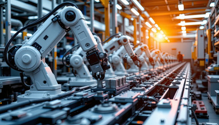 This image features advanced robotic arms in a modern manufacturing facility, showcasing automation technology in a highly efficient assembly line setup.の素材