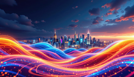 A stunning abstract representation of a vibrant cityscape at sunset, featuring colorful waves that blend beautifully with an illuminated skyline.の素材