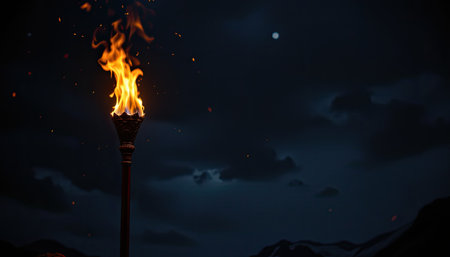 A striking torch flame flickers in a dark landscape, casting warm light against a backdrop of clouds and mountains under a moonlit sky, evoking mystery.の素材