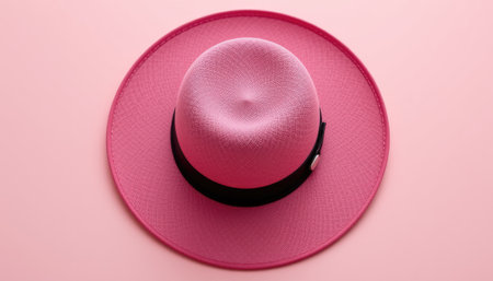This captivating image showcases a bright pink wide-brimmed hat resting on a soft pink background, perfect for summer fashion. The stylish accessory adds a fun touch.の素材