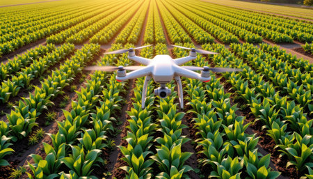 A stunning aerial shot captures a drone flying above a lush green crop field at sunset. This image highlights modern agricultural technology's role in enhancing productivity and sustainability in farming.の素材