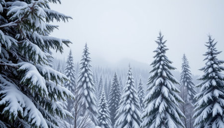 Discover the beauty of a winter wonderland, featuring snow-covered pine trees shrouded in mist, creating a serene and tranquil atmosphere in nature.の素材