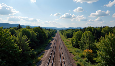 This breathtaking image captures a serene landscape featuring a pair of rail tracks stretching into the distance, flanked by vibrant green trees and a clear blue sky dotted with fluffy clouds, evoking a sense of adventure and exploration.の素材