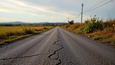 A cracked asphalt road extends into a serene rural landscape, framed by gentle mountains and vibrant fields under the soft light of dusk.の素材