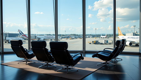 A serene view from a modern airport lounge featuring sleek seating arrangements and expansive glass windows overlooking bustling airplane activity.の素材