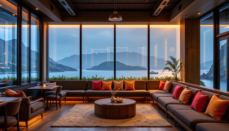 A modern lounge showcases elegant seating arrangements with vibrant cushions and a stunning view of mountains and water at twilight, creating a serene atmosphere.の素材