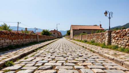 Explore a peaceful village pathway lined with cobblestones, flanked by historic buildings, lush greenery, and a clear blue sky on a sunny day.の素材