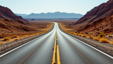 A stunning view of a long asphalt road winding through a tranquil desert landscape, surrounded by majestic mountains and clear blue skies, ideal for travel and adventure themes.の素材