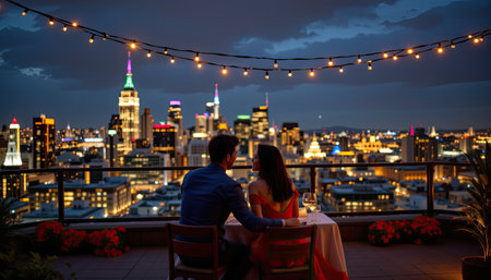 A couple enjoys a romantic dinner on a rooftop with a stunning city skyline view at night, adorned with twinkling lights and a beautiful ambiance.の素材