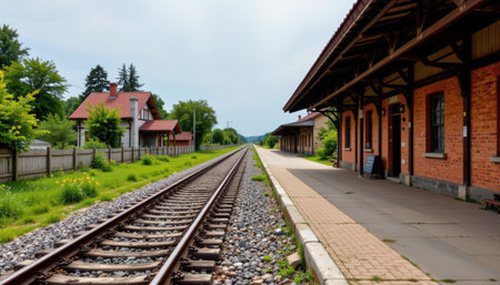 A beautiful railway station featuring vintage architecture, with empty tracks stretching towards a serene landscape under a cloudy sky. The tranquil setting invites exploration and travel.の素材
