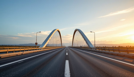 A stunning view of a modern arch bridge over a smooth highway, captured during sunset, highlighting the beautiful colors in the clear sky.の素材