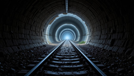 This captivating image captures the view of a railway tunnel, showcasing tracks leading towards a bright light at the end, symbolizing hope and adventure.の素材