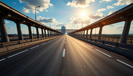 A captivating view of an expansive highway during sunset, featuring vibrant clouds and urban infrastructure, evoking a sense of journey and freedom.の素材