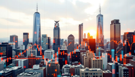Captivating urban skyline showcasing modern skyscrapers with a vibrant sunset backdrop, featuring financial data overlays representing market trends.の素材