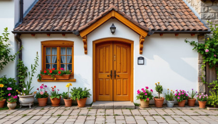 A picturesque cottage entrance showcasing warm wooden double doors framed by vibrant flower pots, evoking a sense of charm and tranquility.の素材