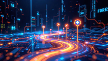 This stunning digital artwork showcases a vibrant and futuristic landscape, featuring a glowing pathway surrounded by illuminated data points that symbolize technological advancement and innovation.の素材