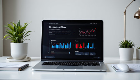 A modern workspace featuring a laptop with a detailed business plan displayed on the screen. Indoor plants enhance the aesthetic of the clean desk.の素材