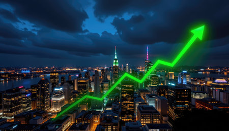 A stunning night view of the New York skyline features a vibrant green arrow symbolizing financial growth, illuminated buildings, and dynamic clouds.の素材