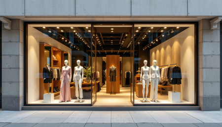 Elegant storefront showcasing fashionable apparel with stylish mannequins, inviting shoppers into a contemporary retail space filled with chic decor.の素材