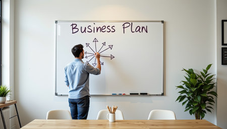 A professional male is illustrating a business plan on a whiteboard in a modern office environment. Sunlight streams in, enhancing creativity.の素材