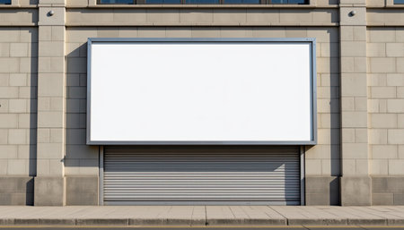 A blank advertising billboard is prominently displayed on an urban building wall, accompanied by a closed garage door below. The image features clear skies, offering an ideal setting for marketing creatives to showcase promotional designs or public messages.の素材