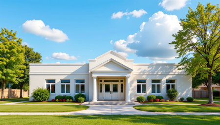 This image showcases a modern white building with a clean architectural design, set against a bright blue sky adorned with fluffy clouds, emphasizing tranquility and elegance in a vibrant landscape.の素材