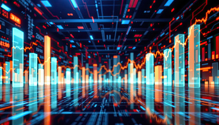 This vibrant image showcases a futuristic data visualization scene, complete with colorful graphs and digital elements, representing advanced analytics technology in a modern setting.の素材